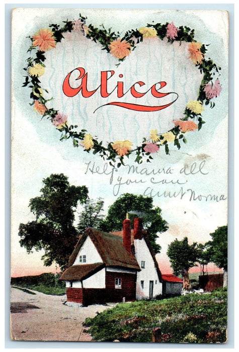 1908 Valentine Heart Alice Flowers House Jersey City NJ Posted Antique Postcard