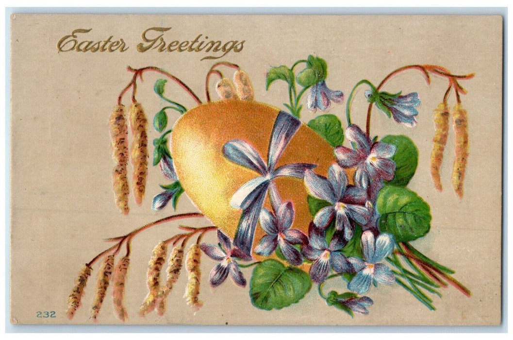 c1910's Easter Greetings Egg Cattail Flowers Embossed Rushville IL Postcard