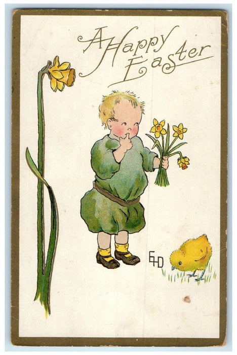 c1910's Easter Little Boy With Flowers Chick Embossed Unposted Antique Postcard