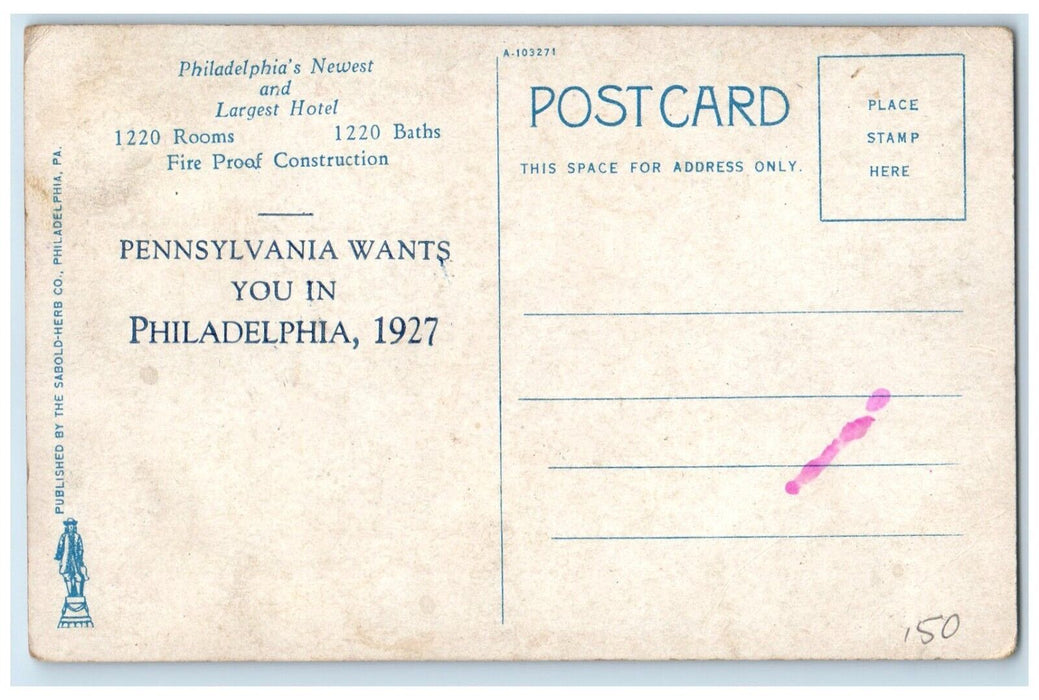 1927 Benjamin Franklin Hotel Building Cars Philadelphia Pennsylvania PA Postcard
