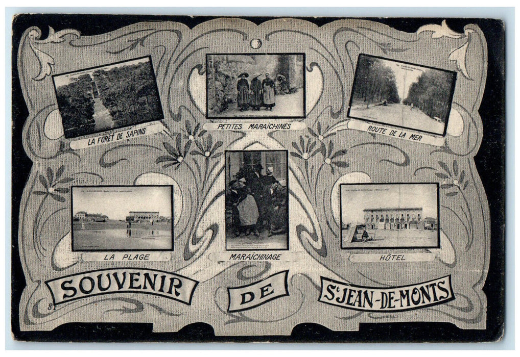 c1910 Souvenir De S'Jean-De-Monts France Multiview People Places Postcard