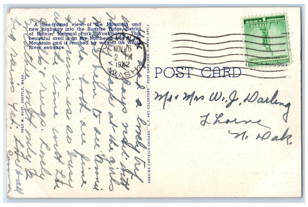 1942 Rainier National Park Highway Approaching Sunrise Yakima WA Posted Postcard