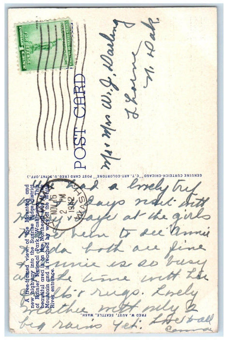 1942 Rainier National Park Highway Approaching Sunrise Yakima WA Posted Postcard