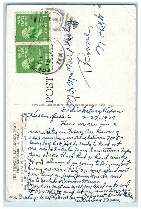 1949 The Famous Balancing Rock Fredericksburg Texas TX Posted Vintage Postcard