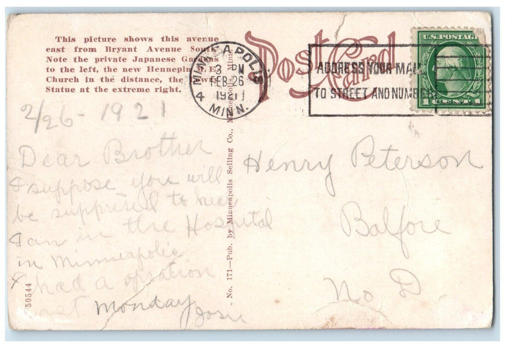 1921 Looking Down Douglas Ave East From Bryant Minneapolis Minnesota MN Postcard