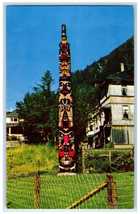 c1960 Old Witch Totem Pole Overlooking Juneau Alaska AK Natural Color Postcard
