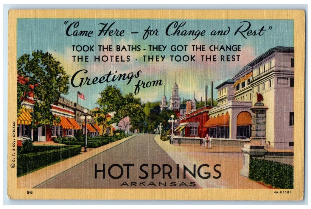 1952 Greetings From Hot Springs Arkansas AR, Stores Scene Street Posted Postcard