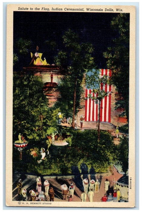 c1940 Salute Flag Indian Ceremonial Wisconsin Dells Wisconsin Vintage Postcard