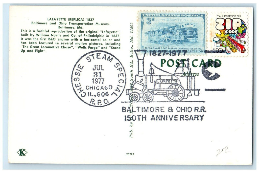 1977 Lafayette Replica Baltimore Ohio Transportation Museum Maryland MD Postcard