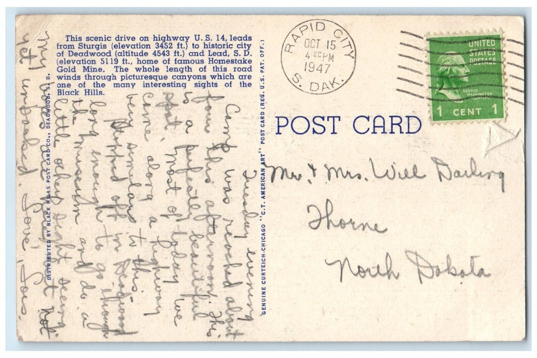 1947 Boulder Canyon Sturgis Deadwood Black Hills South Dakota SD Posted Postcard