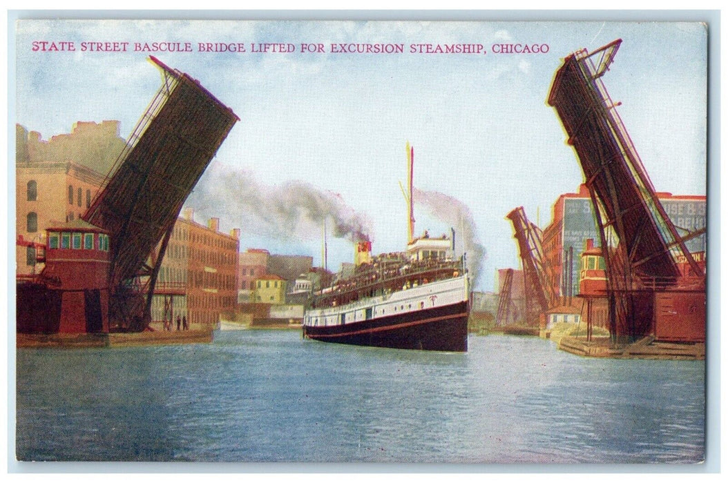 c1910 State Street Bascule Bridge Lifted Excursion Steamship Chicago IL Postcard