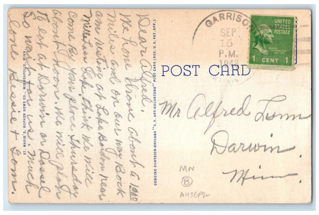 1948 Scene Lake Geneva Boat Trees Grass Alexandria Minnesota MN Antique Postcard