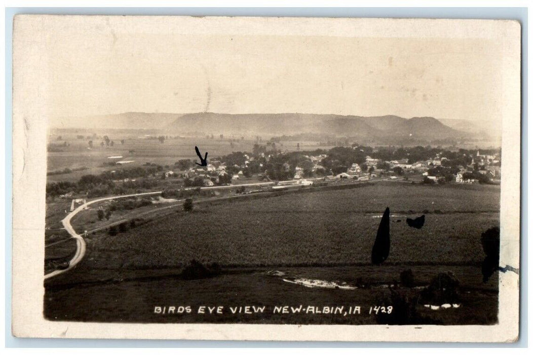 1929 Birds Eye Aerial View New Albin Iowa IA RPPC Photo Posted Postcard