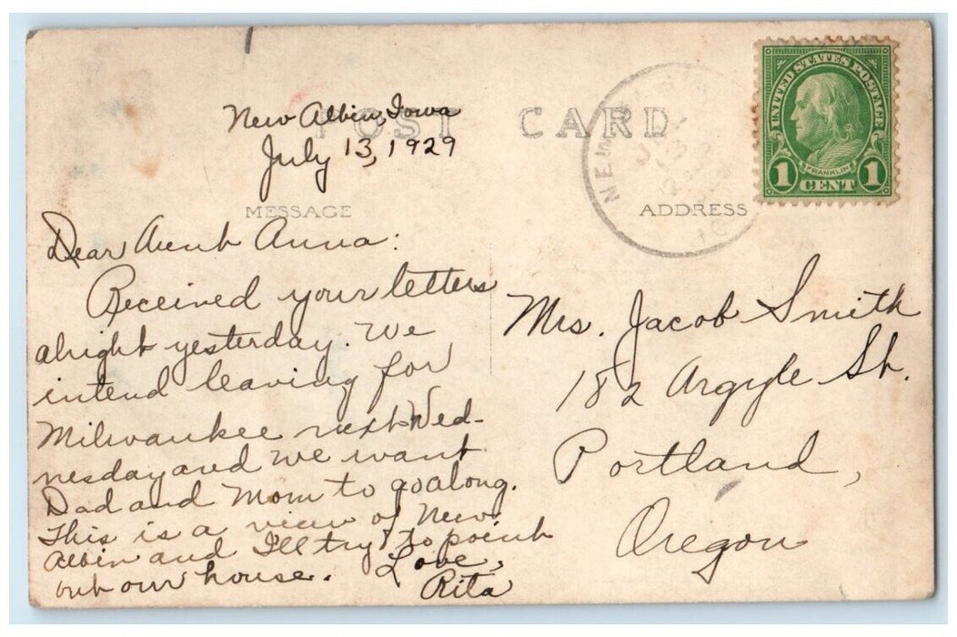 1929 Birds Eye Aerial View New Albin Iowa IA RPPC Photo Posted Postcard