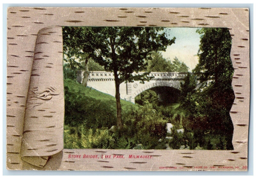 1907 Unique Frame Stone Bridge Lake Park Milwaukee Wisconsin WI Vintage Postcard