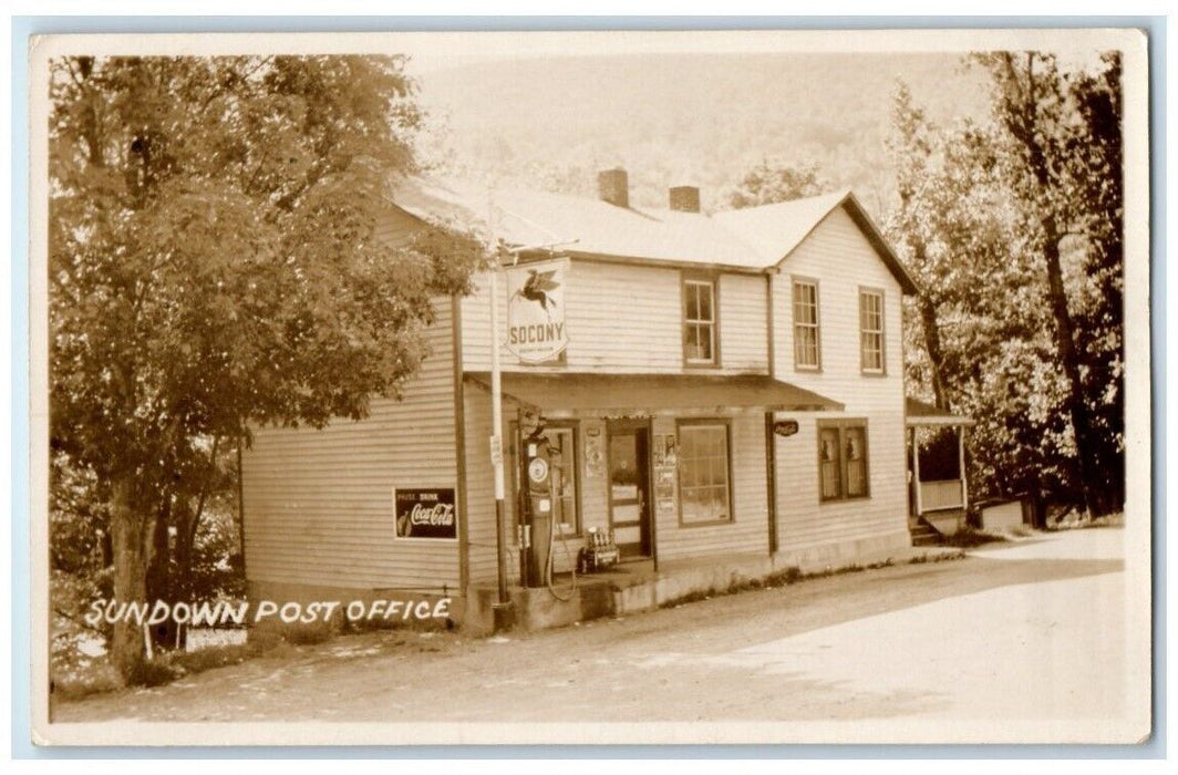 1940 Socony Mobil Gas Station Post Office Sundown NY RPPC Photo Postcard