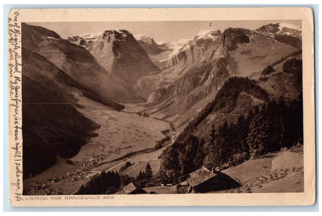 1920's Linthal From Braunwald Glarus Switzerland Posted Antique Postcard