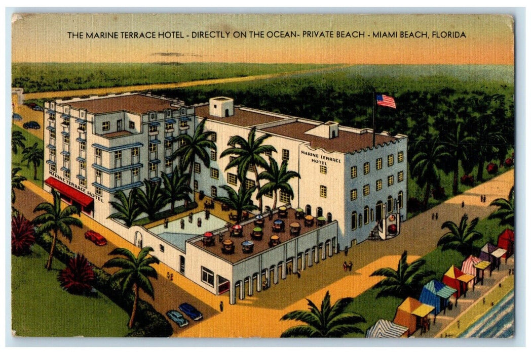 1949 Marine Terrace Hotel Ocean Private Beach Road Miami Beach Florida Postcard