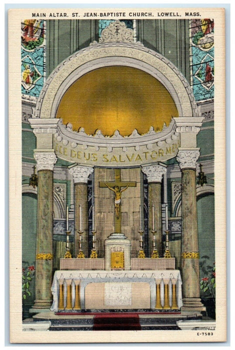 c1940 Main Altar St Jean Baptiste Church Lowell Massachusetts Unposted Postcard