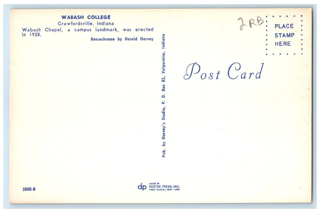 1960 Exterior Wabash College Building Crawfordsville Indiana IN Antique Postcard