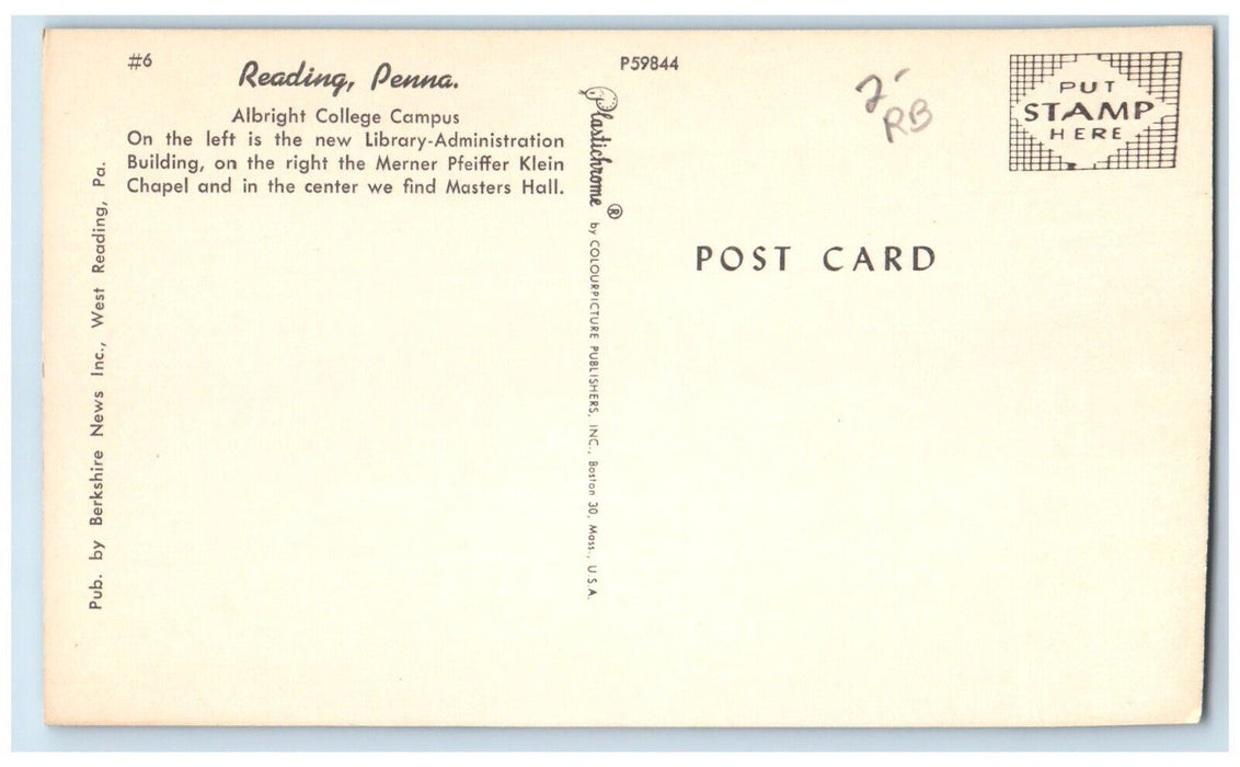 c1960 Aerial View Albright College Campus Reading Pennsylvania Unposted Postcard