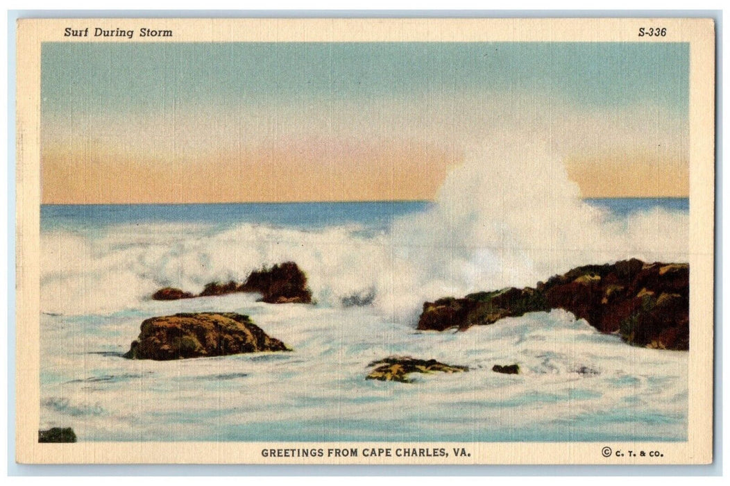 c1940 Surf During Storm Greetings From Cape Charles Virginia VA Vintage Postcard