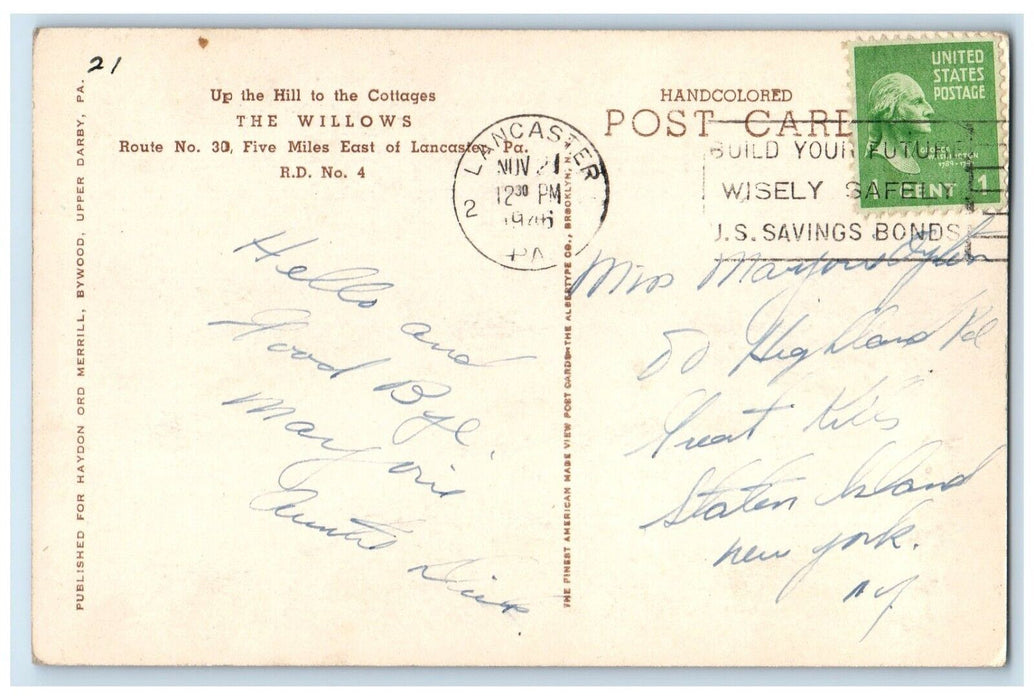 1946 Scenic View Up Hill Cottages Willows Lancaster Pennsylvania Posted Postcard