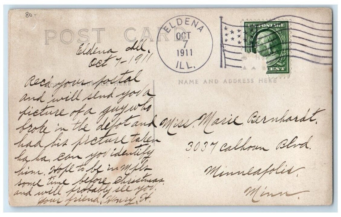 1911 Railroad Train Depot Interior Employee Eldena IL RPPC Photo Postcard