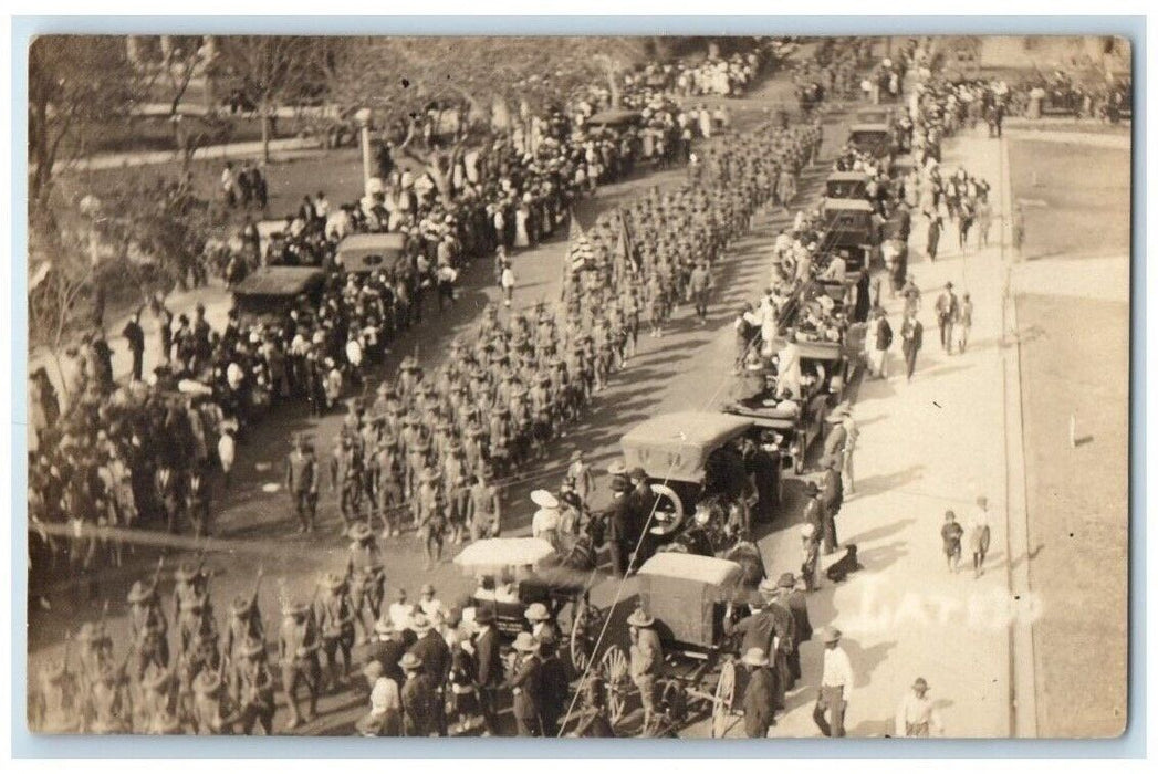 c1918 WWI US Army Soldiers Patriotic Street Parade Laredo TX RPPC Photo Postcard