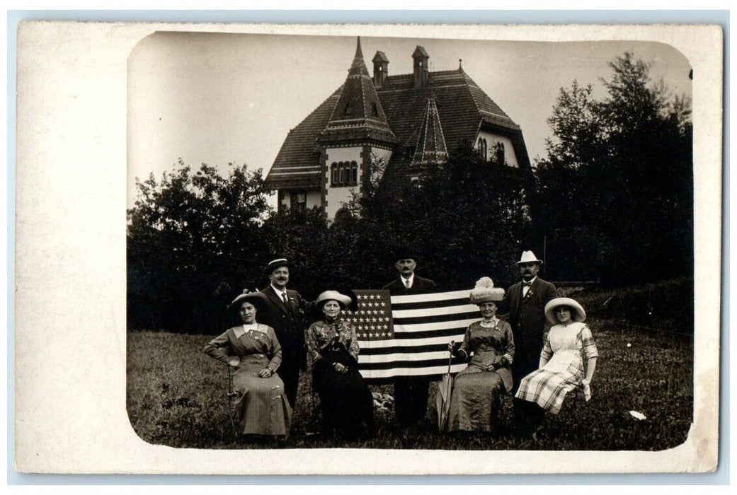 c1910's Patriotic European Family American Flag View  RPPC Photo Postcard