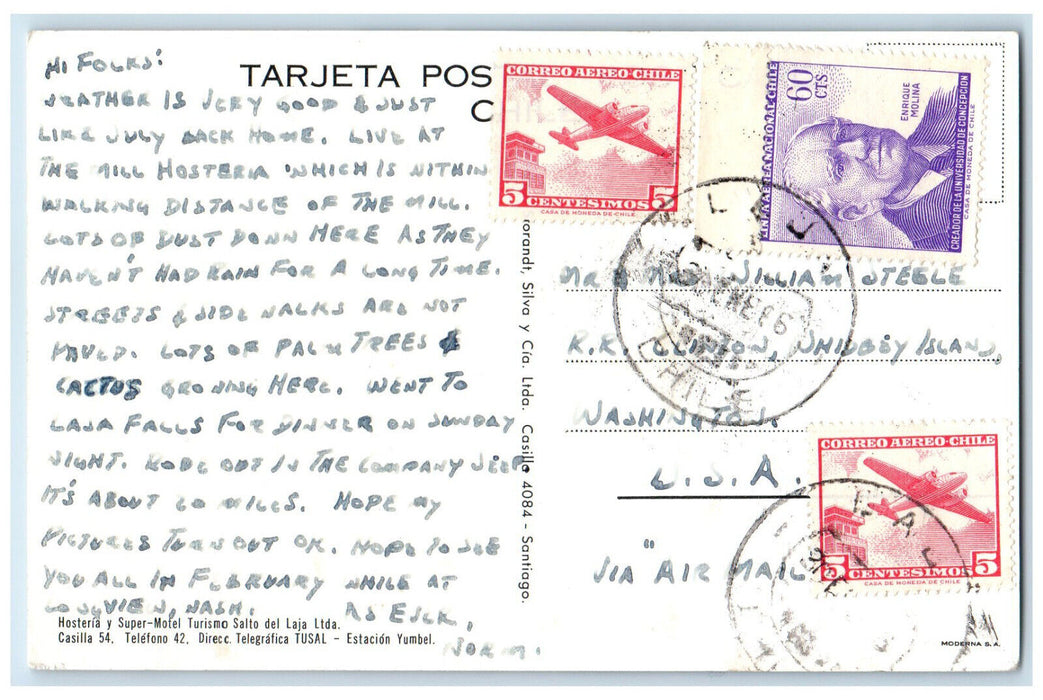 c1950's View From The Tourism Hostel Laja Falls Cabrero Chile Postcard