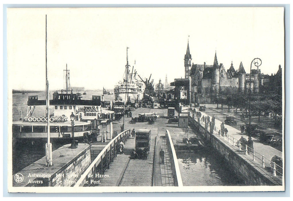 c1930's Passengers Scene The Steen and The Port Antwerp Belgium Postcard