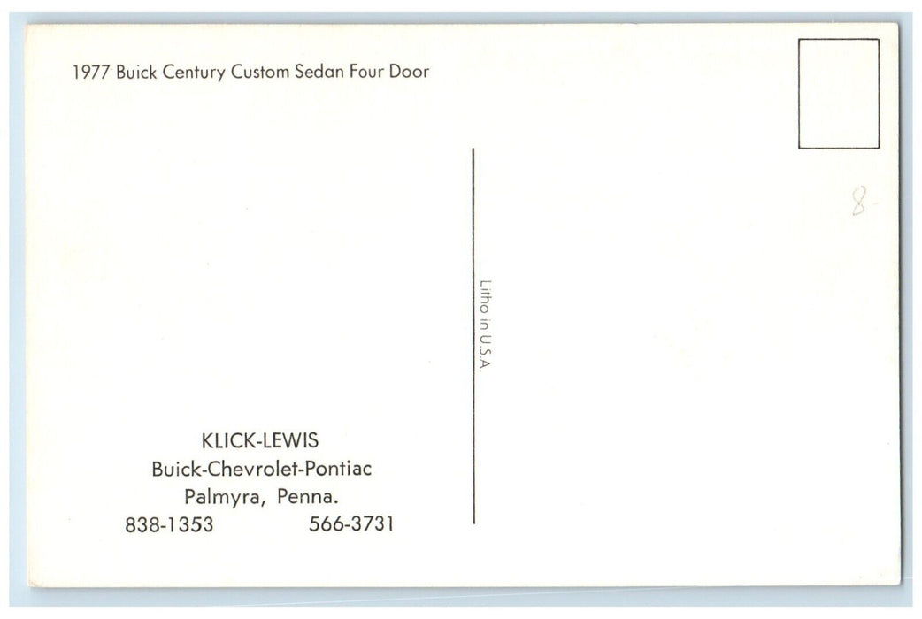 c1977 Buick Century Custom Sedan Four Door Klick Palmyra Pennsylvania Postcard