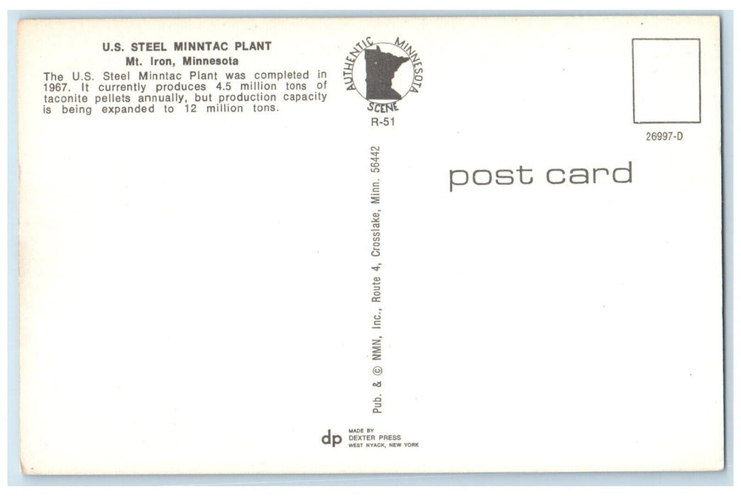 c1960 U.S. Steel Minntac Plant Exterior Building Mt. Iron Minnesota MN Postcard