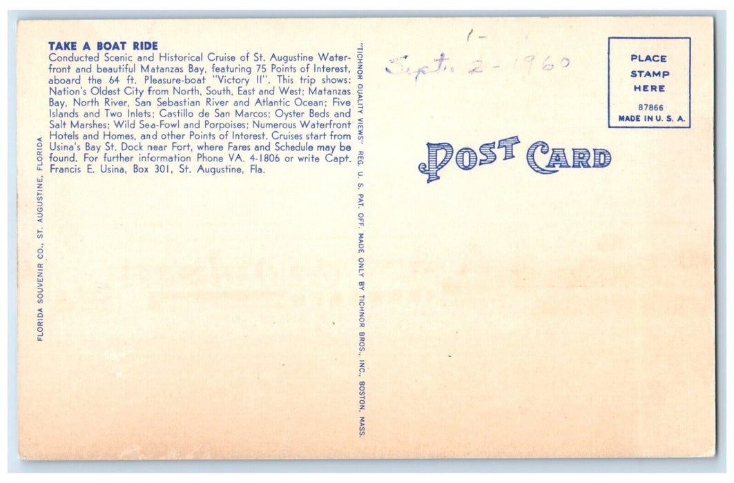 c1940 Cruising Down River Victory II Castillo St. Augustine Florida FL Postcard