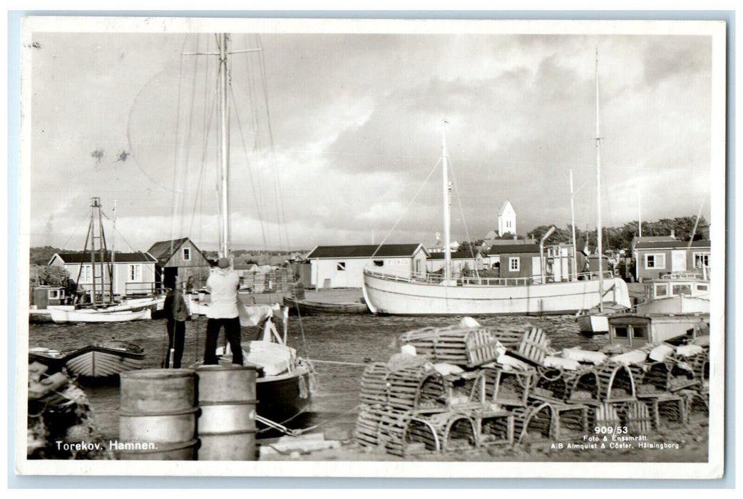 1955 Motorboat Port Landing View Torekov Hamnen Sweden RPPC Photo Postcard