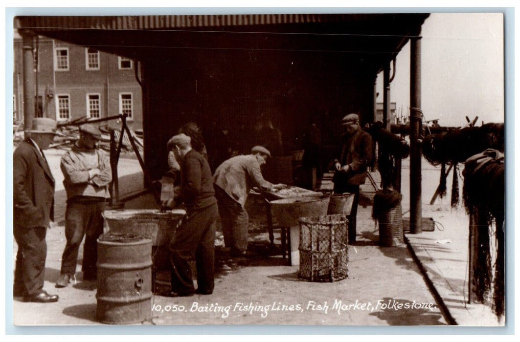 1949 Baiting Fishing Lines Fish Market Folkestone England RPPC Photo Postcard