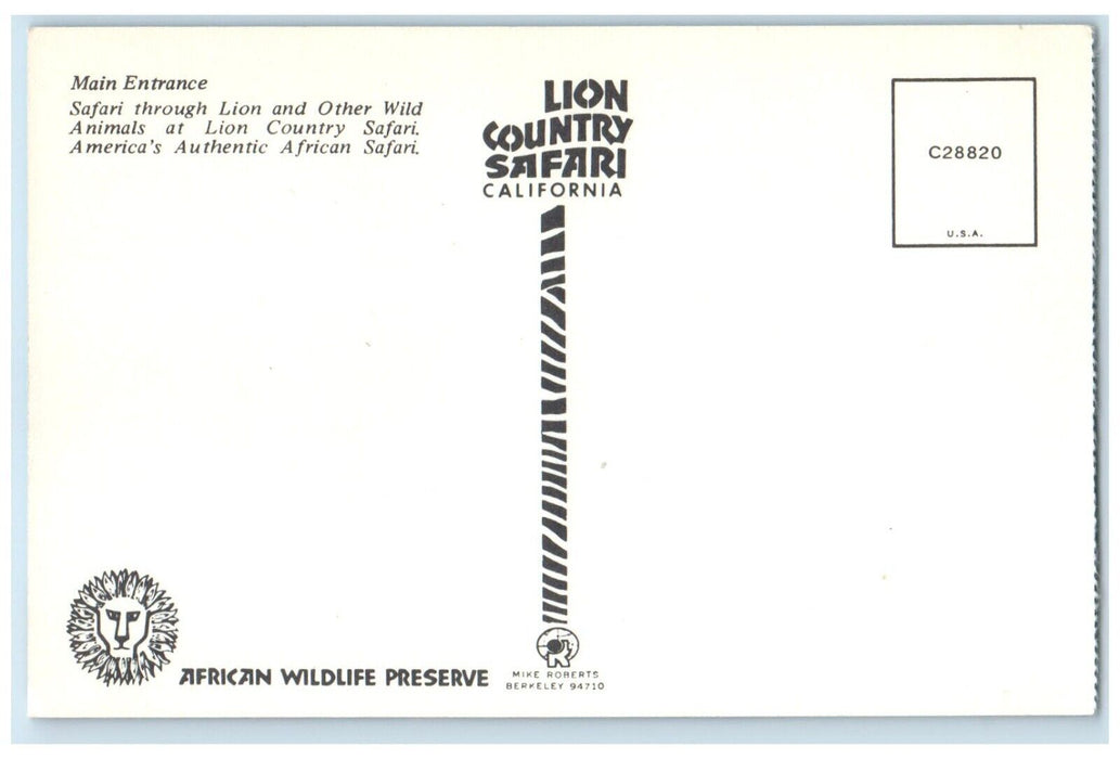 c1960 Main Entrance Lion Country Safari California CA Vintage Unposted Postcard