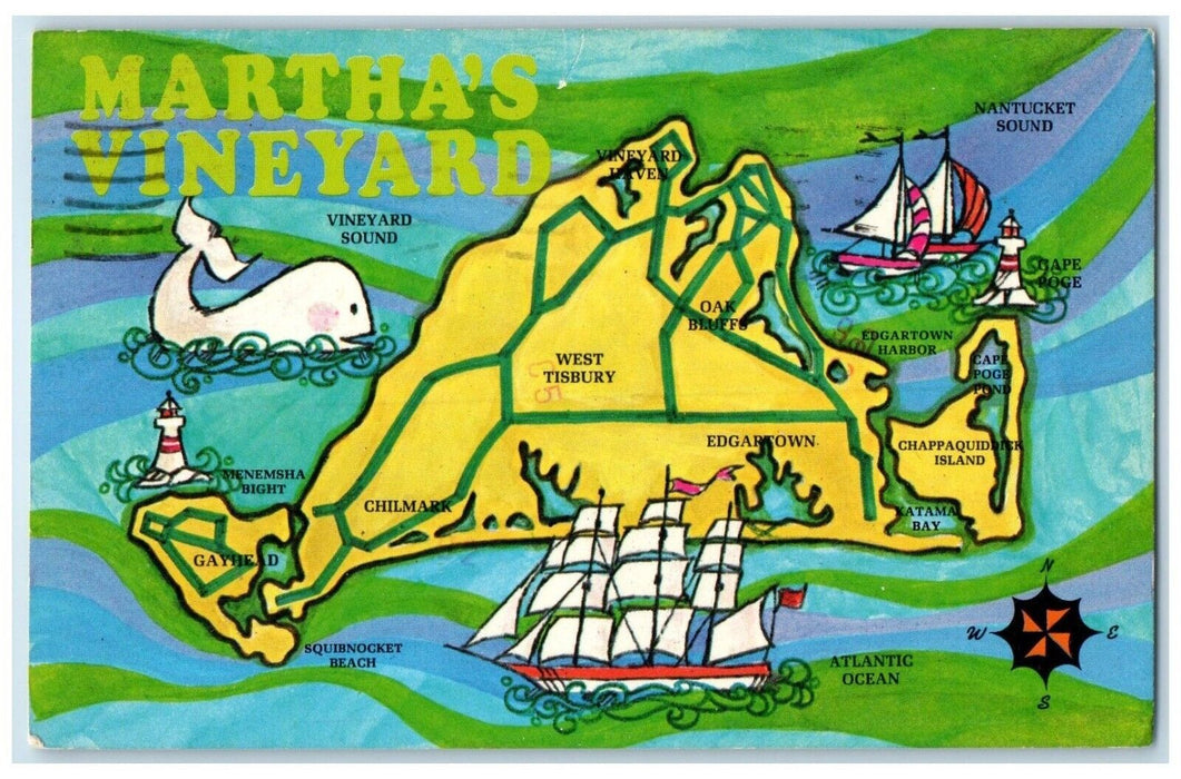 1979 Map Martha Vineyard Island Massachusetts MA Vintage Antique Posted Postcard