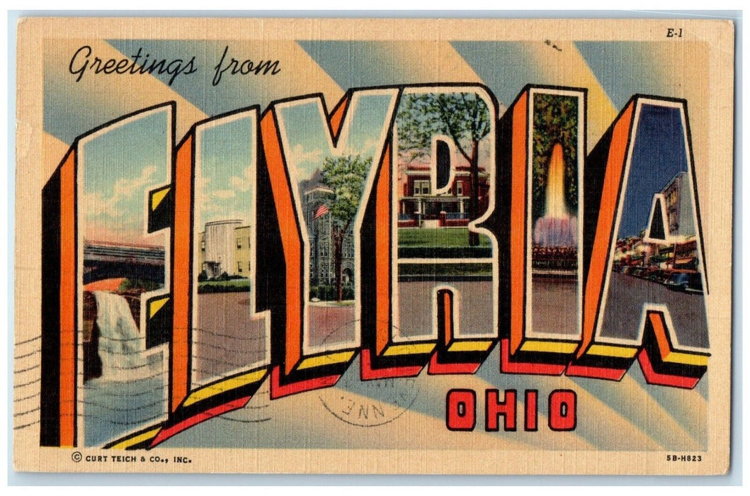 1951 Greetings From Big Letters Multiview Elyria Ohio Vintage Antique Postcard