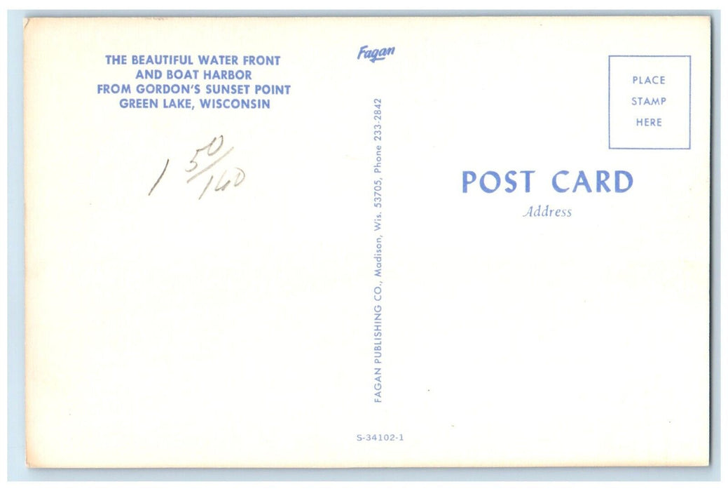 c1960 Beautiful Water Front Boat Harbor Gordon's Sunset Green Lake WI Postcard