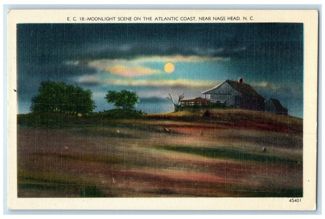 c1940 Moonlight Scene Atlantic Coast Nags Head North Carolina Unposted Postcard