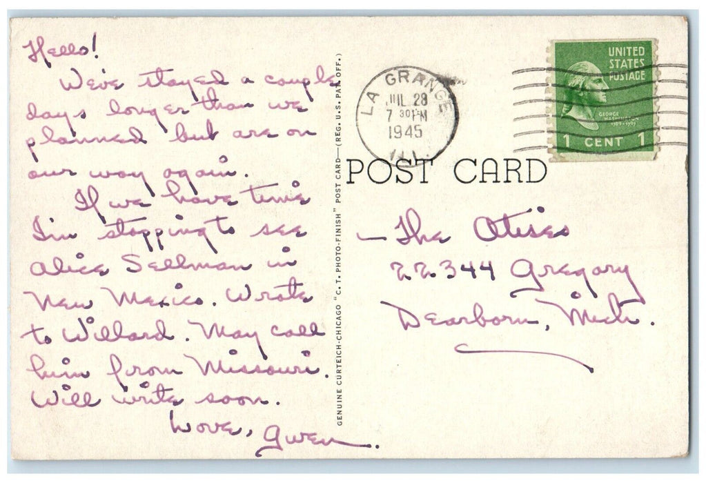 1945 Bob O'Link Country Club Highland Park Illinois IL Vintage Antique Postcard