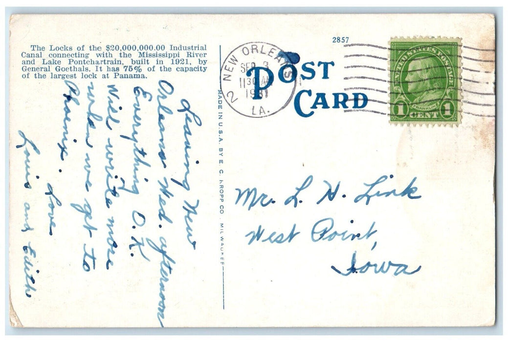 1931 Locks Industrial Canal Mississippi River New Orleans Louisiana LA Postcard