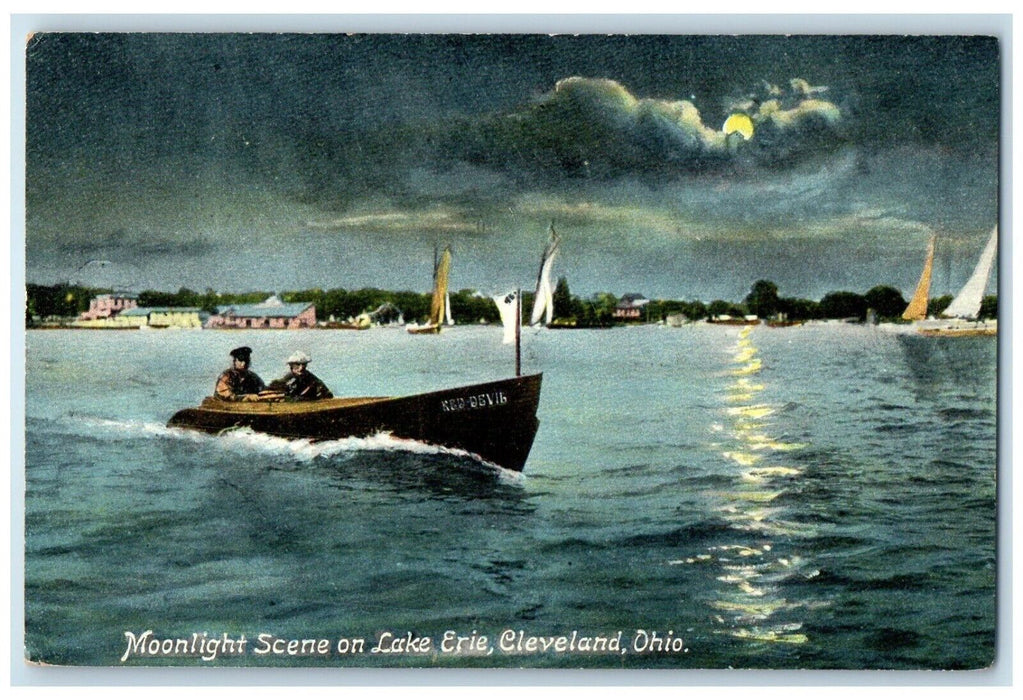 c1910 Moonlight Scene Canoeing Boat Lake Erie Cleveland Ohio OH Vintage Postcard