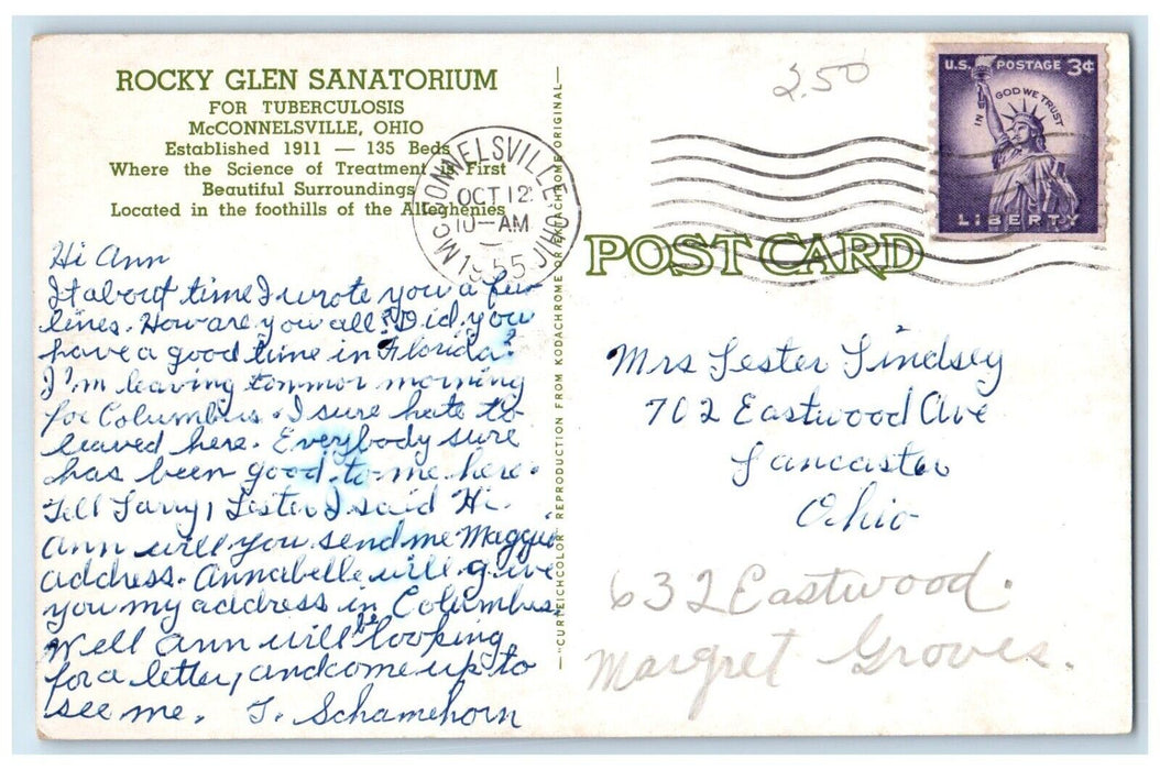 1955 Exterior Rocky Glen Sanatorium Tuberculosis McConnelsville Ohio OH Postcard