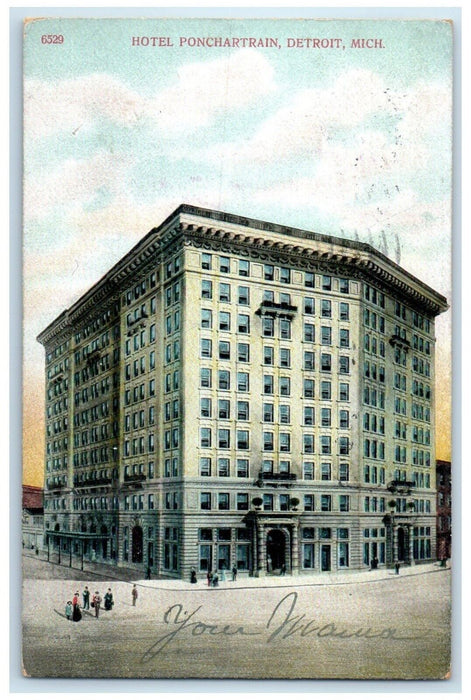 1907 Exterior View Hotel Ponchartrain Building Detroit Michigan Vintage Postcard