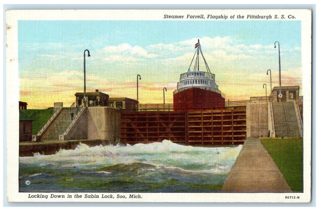 c1940 Steamer Farrell Flagship Pittsburgh Locking Down Sabin Lock Soo Postcard