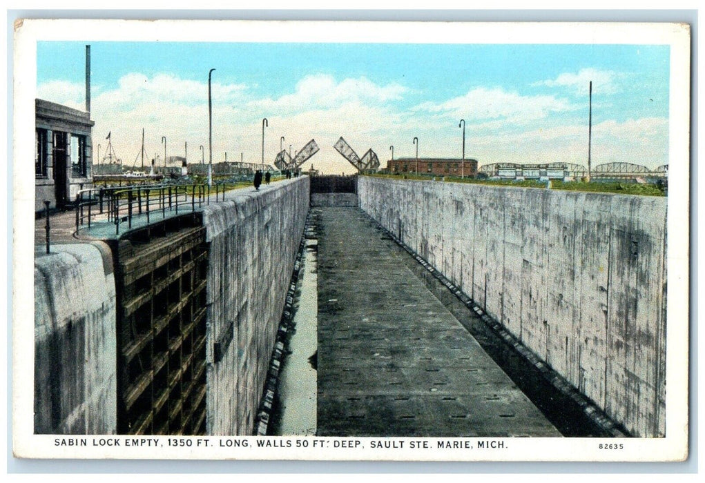 c1930 Sabin Lock Empty Long Walls Ft. Deep Sault Ste. Marie Michigan MI Postcard