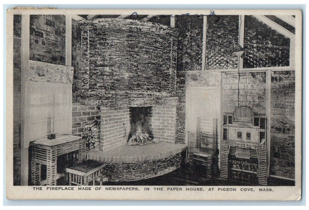 1938 Fireplace Made Newspapers Paper House Pigeon Cove Massachusetts MA Postcard